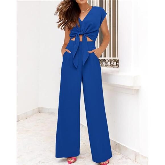 🌴 Women’s 2-Piece Pant Set | V-Neck Wrap Crop Top - Picture 6 of 6